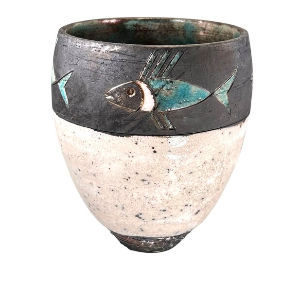 Raku Pottery Fish Vase Teal Black Glazed Textured Iridescent Artistic Signed - Picture 1 of 12